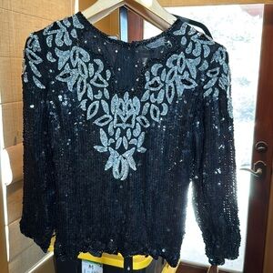 Vintage 80’s Petite Illustrations Sequins Black Silver 100% Silk Top Size MP